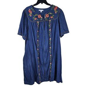 Go Softly Patio Dress 1X Floral Embroidery Zip Front Cottagecore Boho Pockets